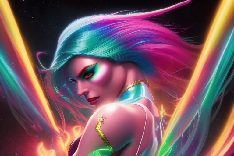 Iridescent Monster Girl Superheroine with Nebula Hair