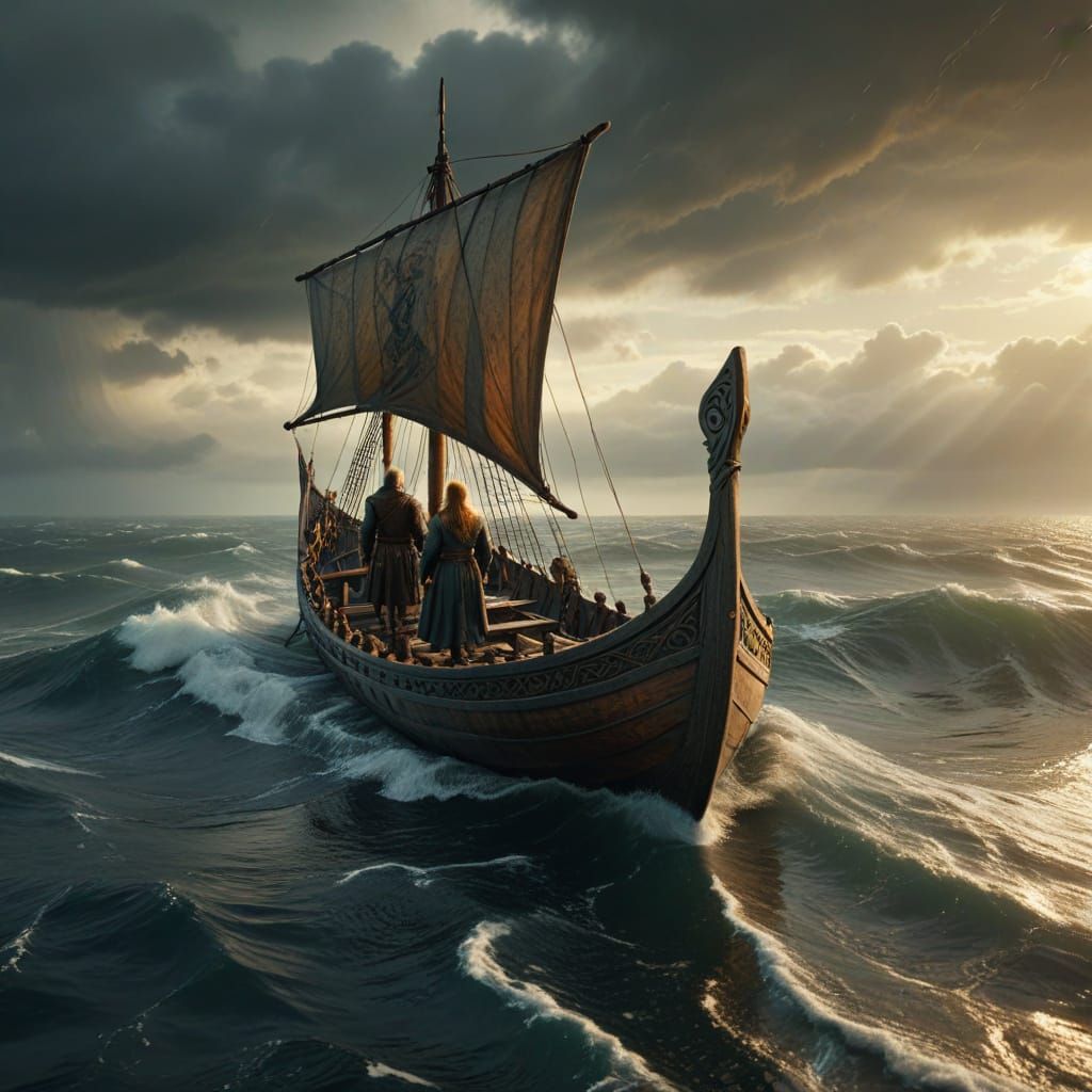 Viking Longboat in a Stormy Northern Renaissance Landscape
