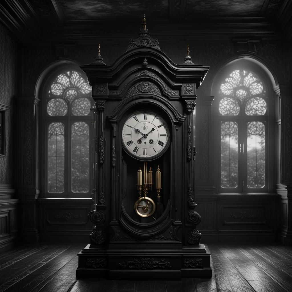 Dark Grandfather Clock in Monochrome Fantasy Style