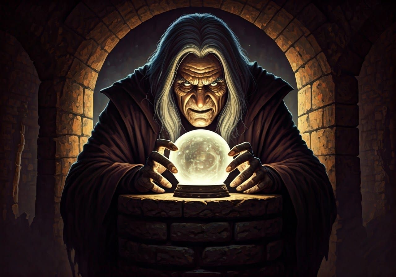 Warlock and Crystal Ball in Oil Painting Style