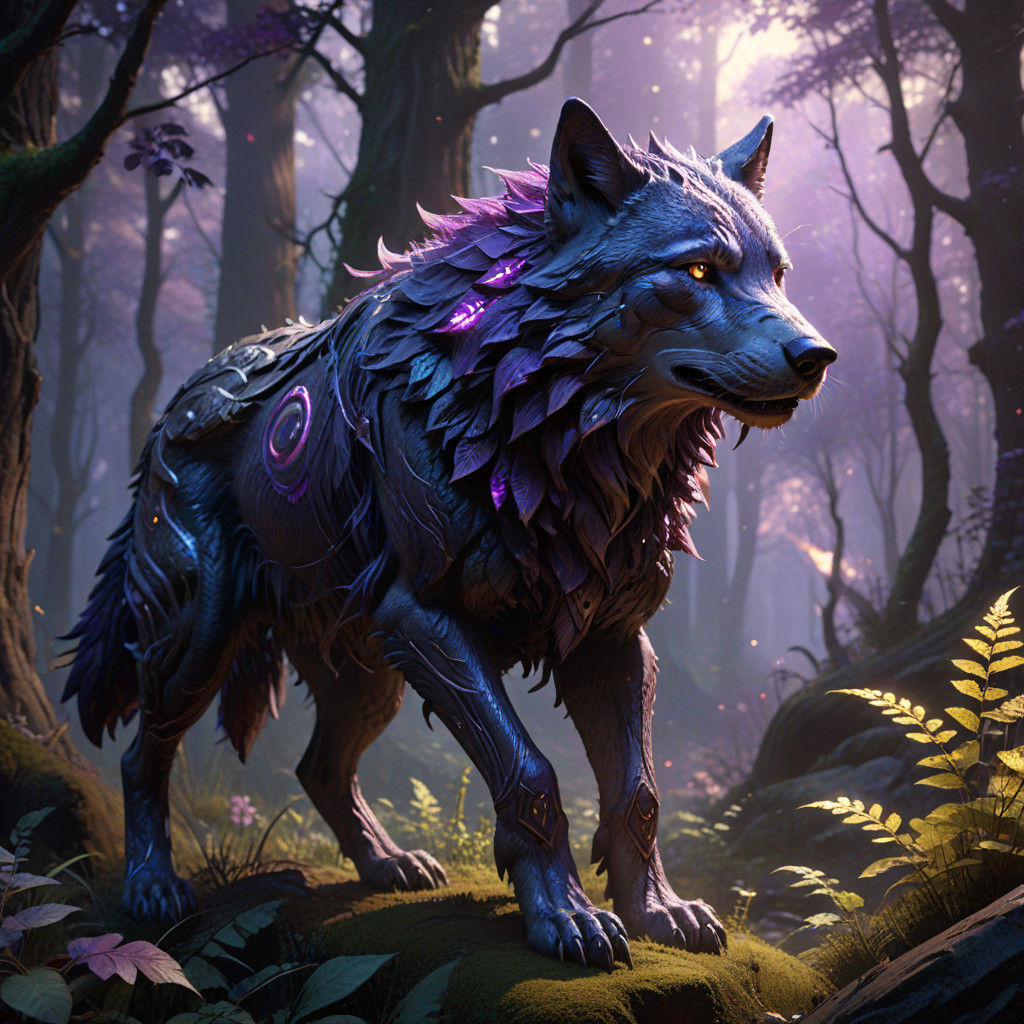 Glowing Wolf Erupts from the Forest in Celestial Hues