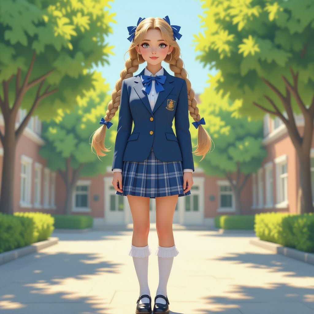Angela in School Uniform with Braided Pigtails