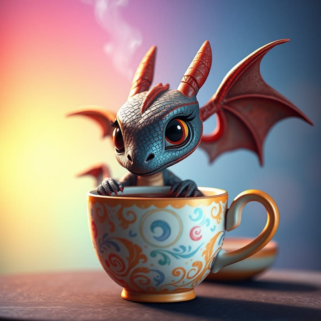 Enchanting Dragon Sipping Coffee: Pixar-Style 3D Render