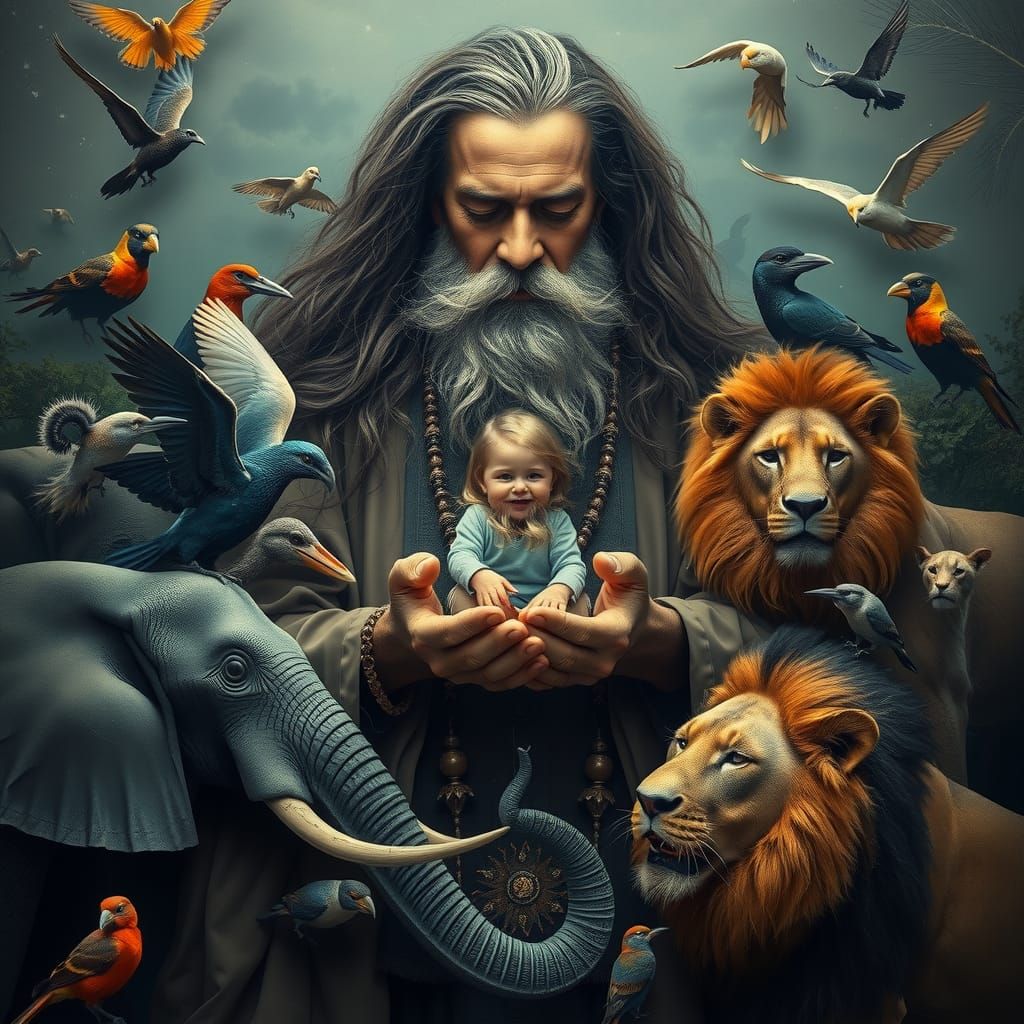 Surrealist God Cradling Human, Surrounded by Animals