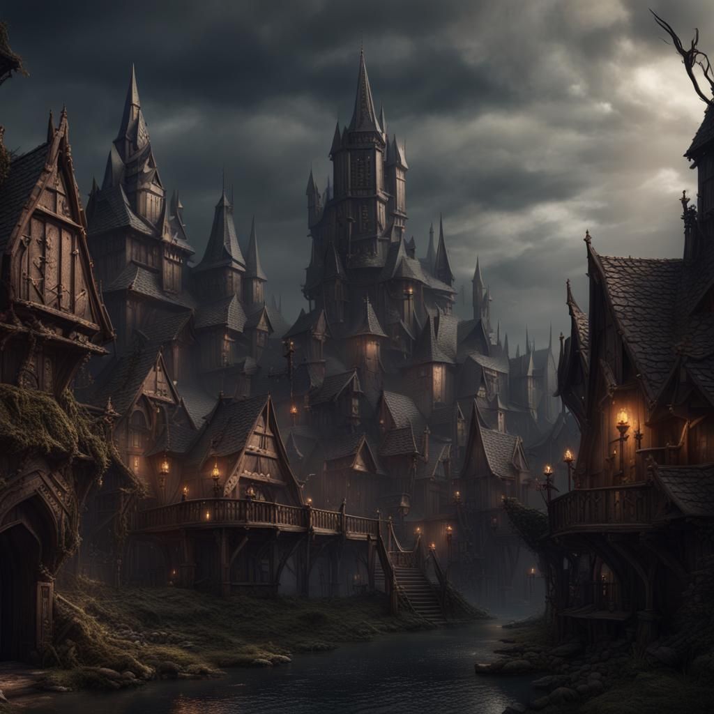 Dark Fantasy Medieval Town with Evil Temple
