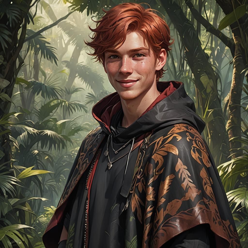 Boy in Animal Hide Poncho in Jungle, Hyperdetailed Portrait