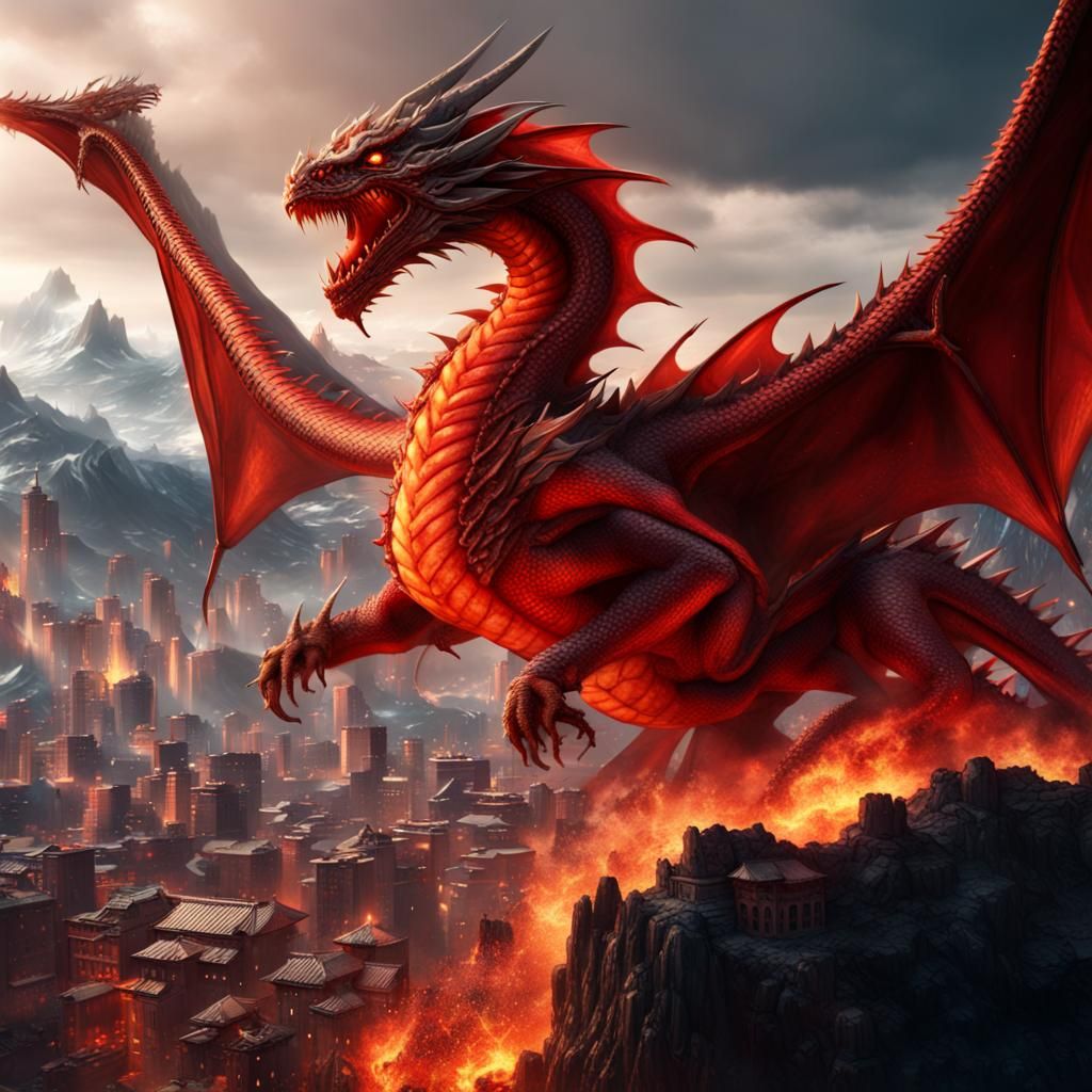 Red Fire Dragon Attacks Mountain City