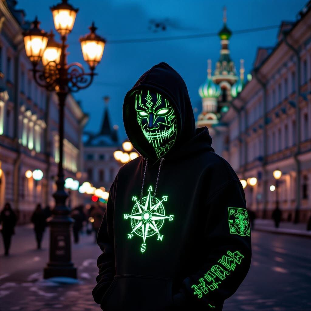 Cyberpunk Hacker in St. Petersburg with Glowing Runes