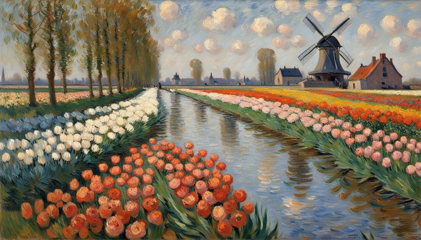 Tulip Fields with Windmill: Impressionistic Oil Painting