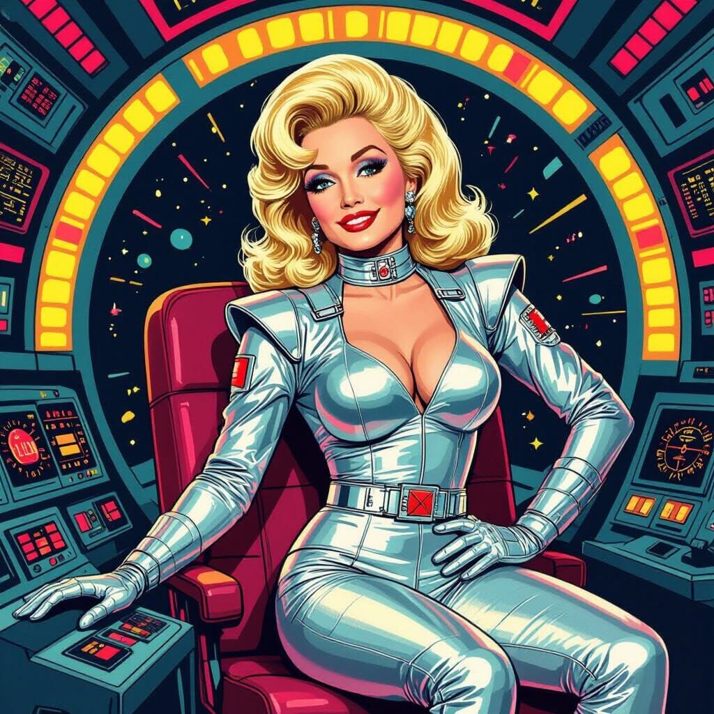 Dolly Parton as Sci-Fi Pin-Up on Rocket, Pop Art Style