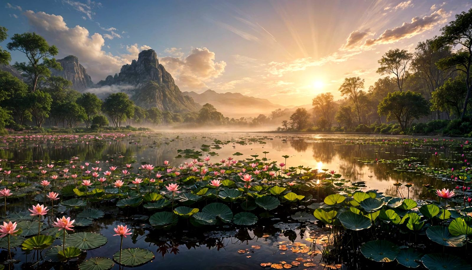Vibrant Lotus Blossoms at Sunset Pond
