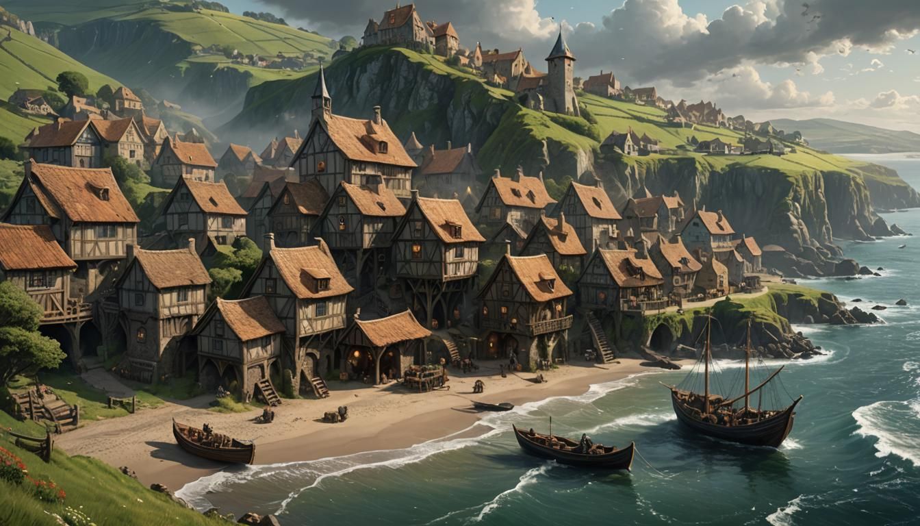Medieval Hamlet by the Sea, Dark Fantasy Concept Art