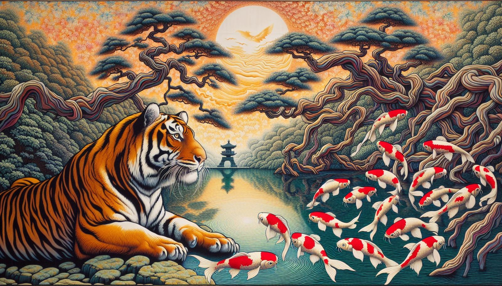 A Whimsical Tiger Contemplates Life in a Vibrant Water Scene
