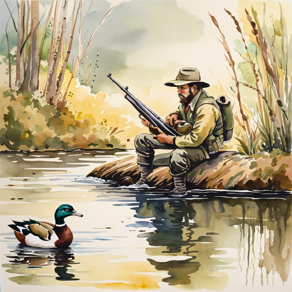 Duck on a Rifle: Whimsical Watercolor Painting