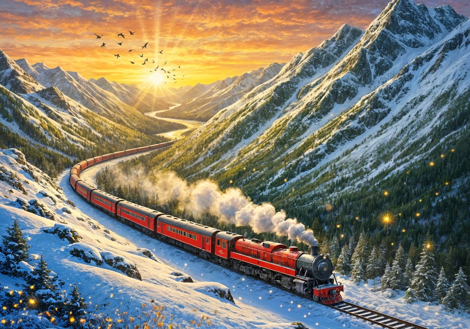 Vivid Red Steam Train in Snowy Mountains at Golden Hour