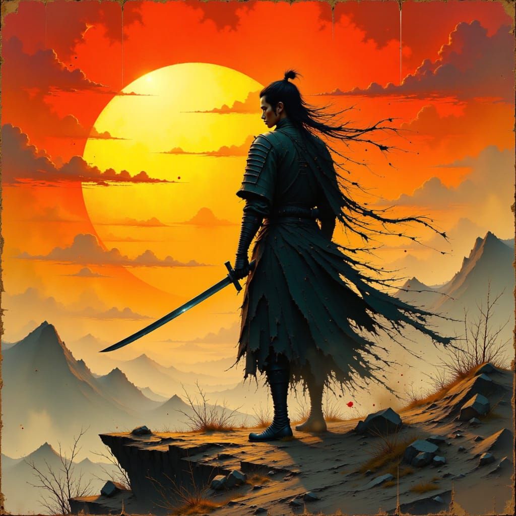 Samurai Silhouette Against Rising Sun in Cinematic Style