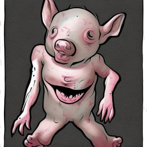 Grotesque Piglet Giggles in Dark Comic Drawing