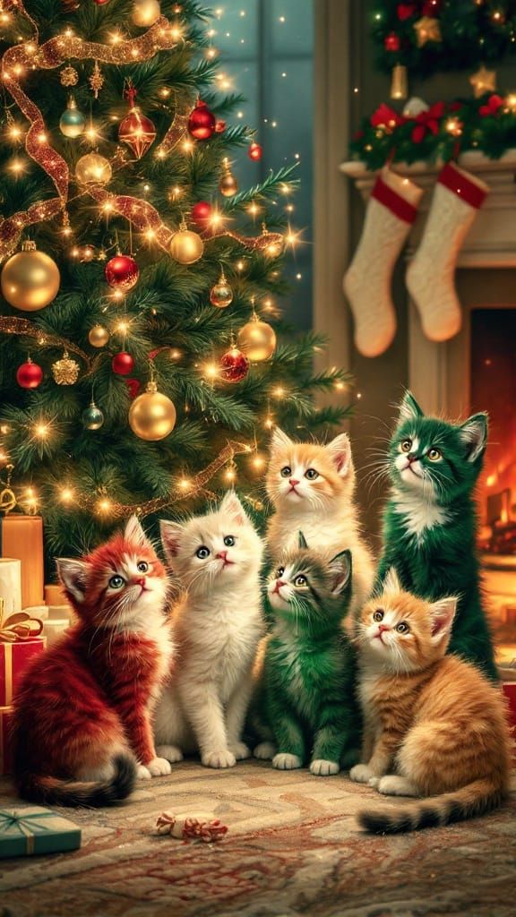 Vibrant Kittens Amidst a Festive Christmas Scene