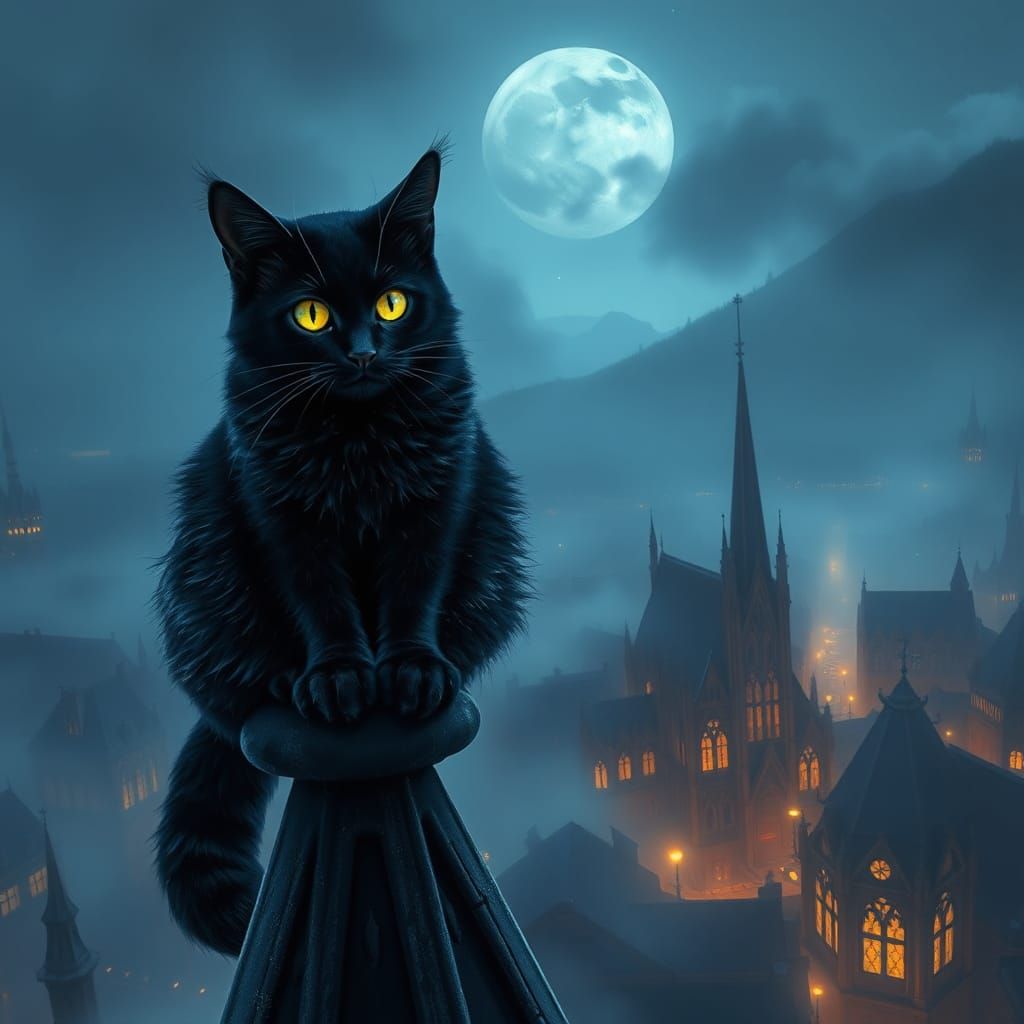 Bioluminescent Cat Over Mist-Shrouded City, Neo-Impressionis...