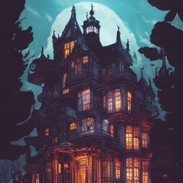 Cyber Victorian Haunted Mansion Comic Book Illustration