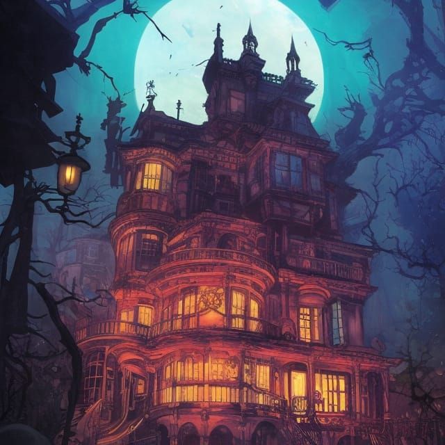 Cyber-Victorian Haunted Mansion in Comic Book Style