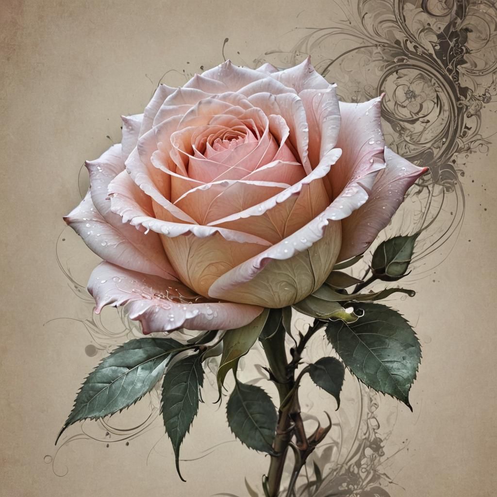 Filigree Fractal Rosebud in Pastel Inks