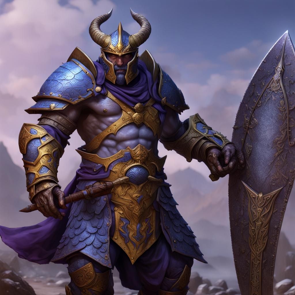 Blue Dragonborn Barbarian in Armor: Dark Fantasy Art