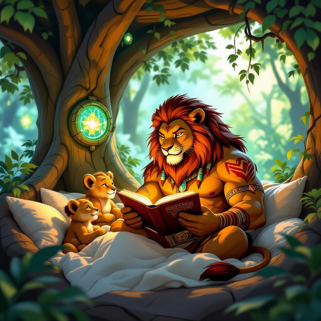 Lioness Warrior Reading in Futuristic Treehouse