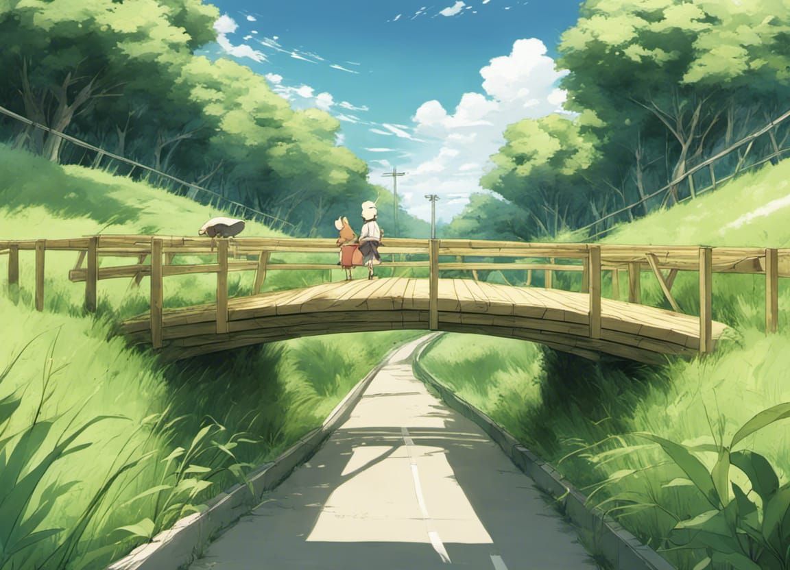 Charming Animal Bridge Connecting Forests in Anime Style