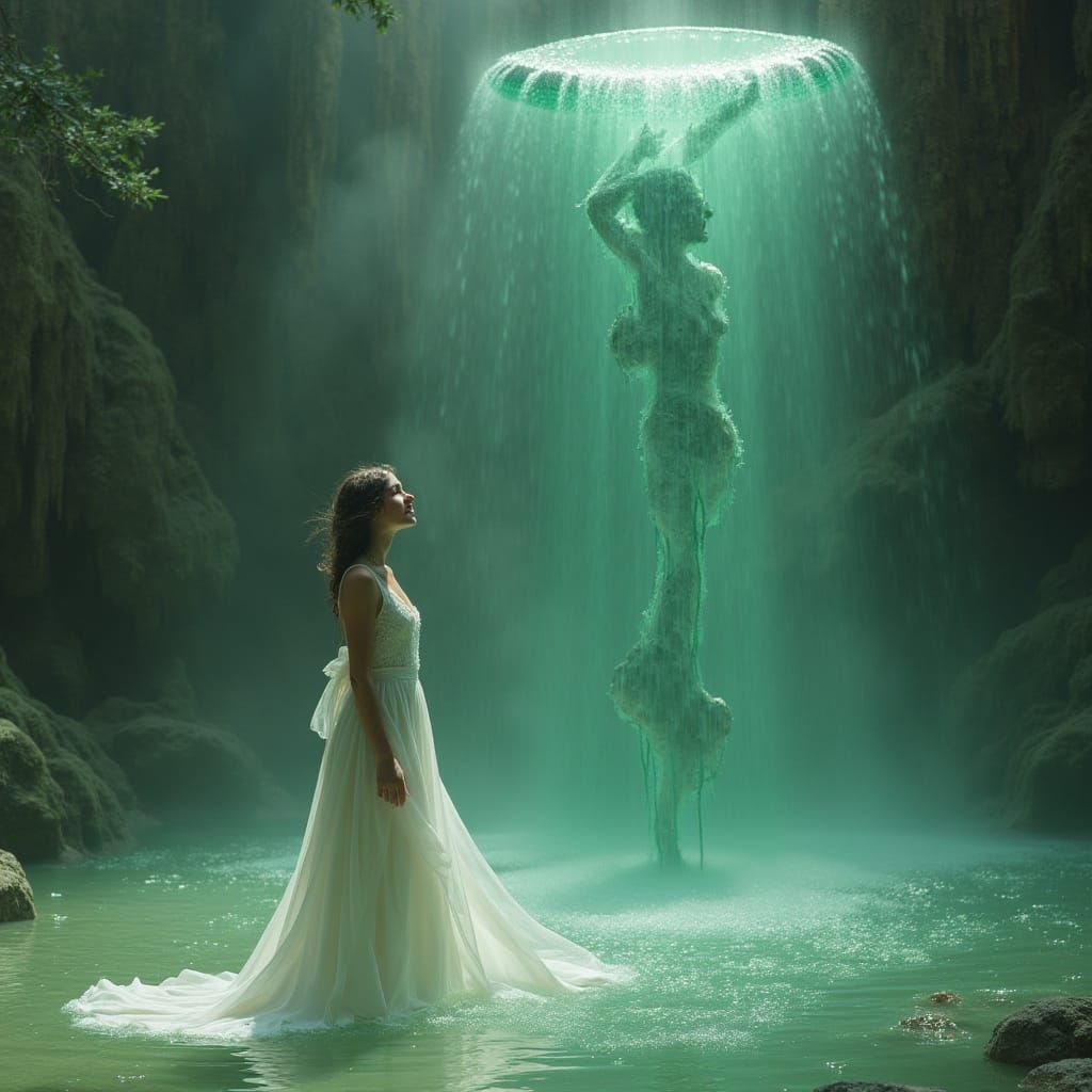 Woman by Surreal Green Fountain, Magical Realism Style