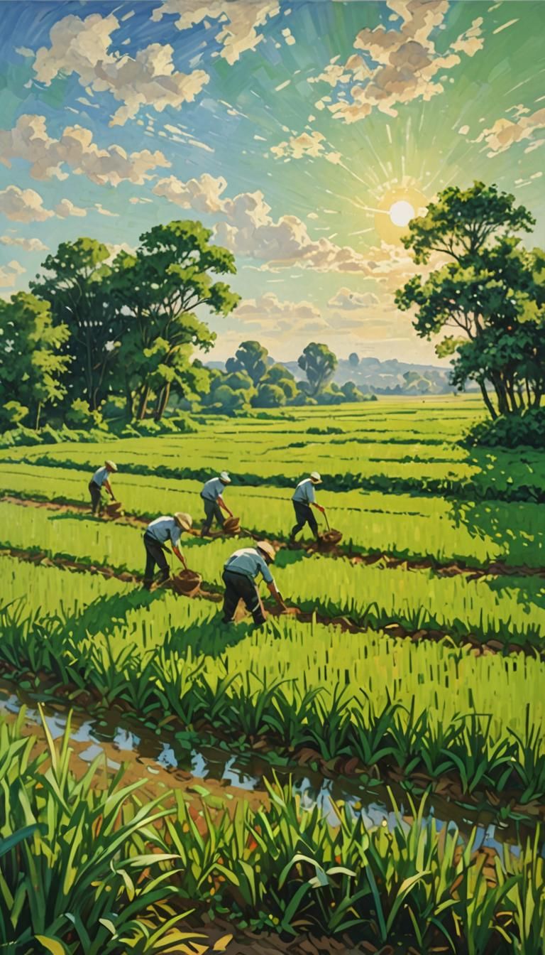 Serene Rice Field: Impressionist Landscape