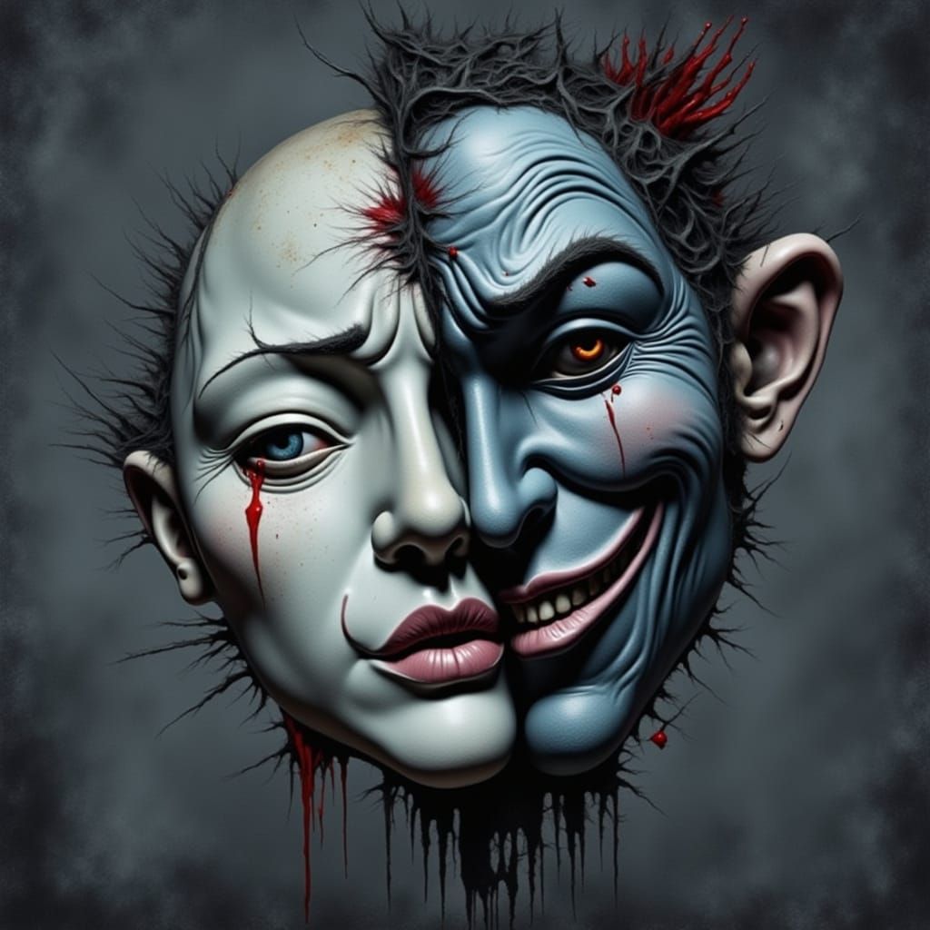 Overlapping Masks of Sorrow and Malice in Dark Surrealism