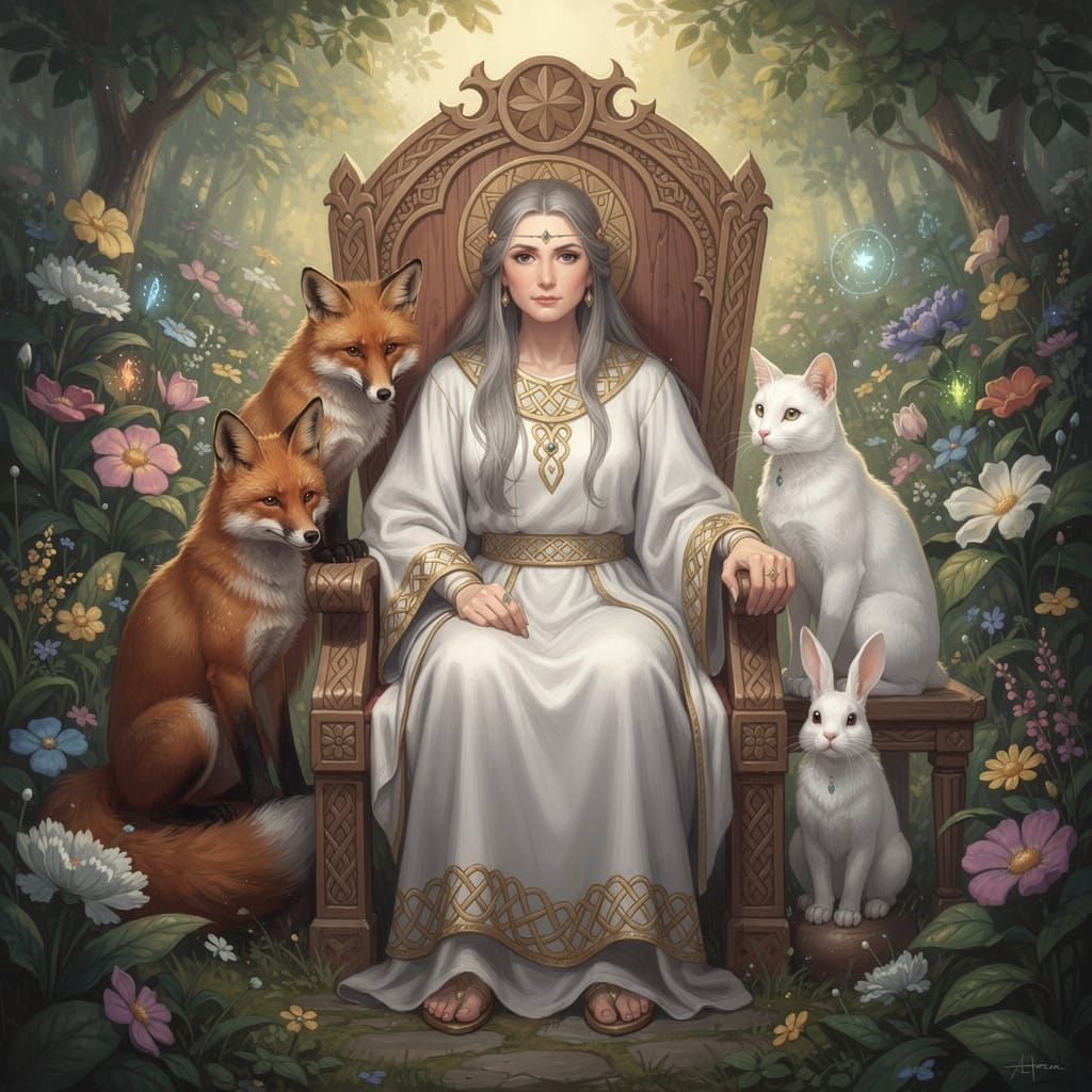 High Priestess Seated in Ornate Chair with Animal Companions