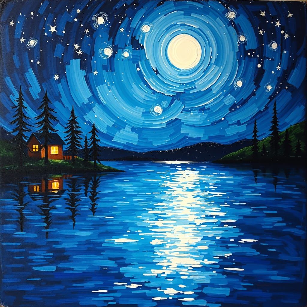 Moonlit Lake in Starry Night Impasto Style