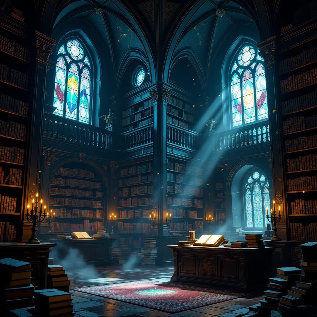 Ancient Library of Glowing Tomes and Arcane Artifacts