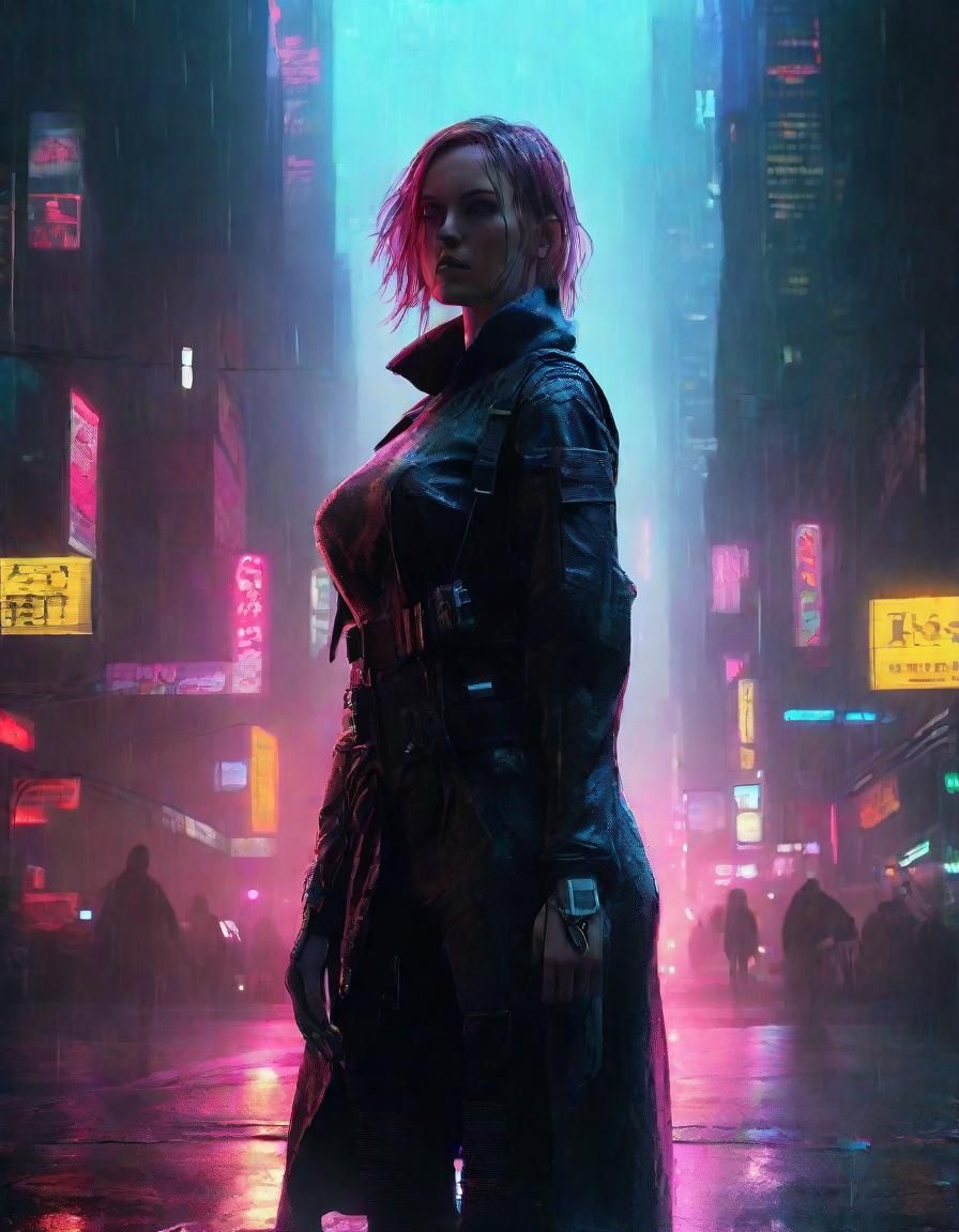 Cyberpunk Cityscape with Cyborg Warrior in Neon Drenched Str...