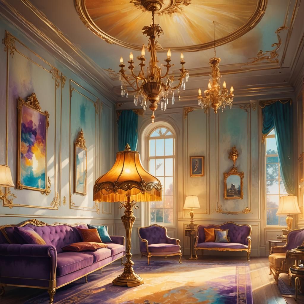 Golden Lamp Illuminates Luxurious Room: Watercolor Concept A...