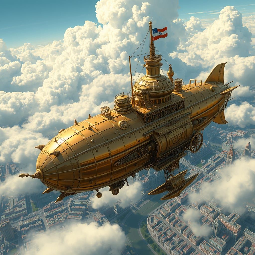 Steampunk Airship Soaring Above Cityscape