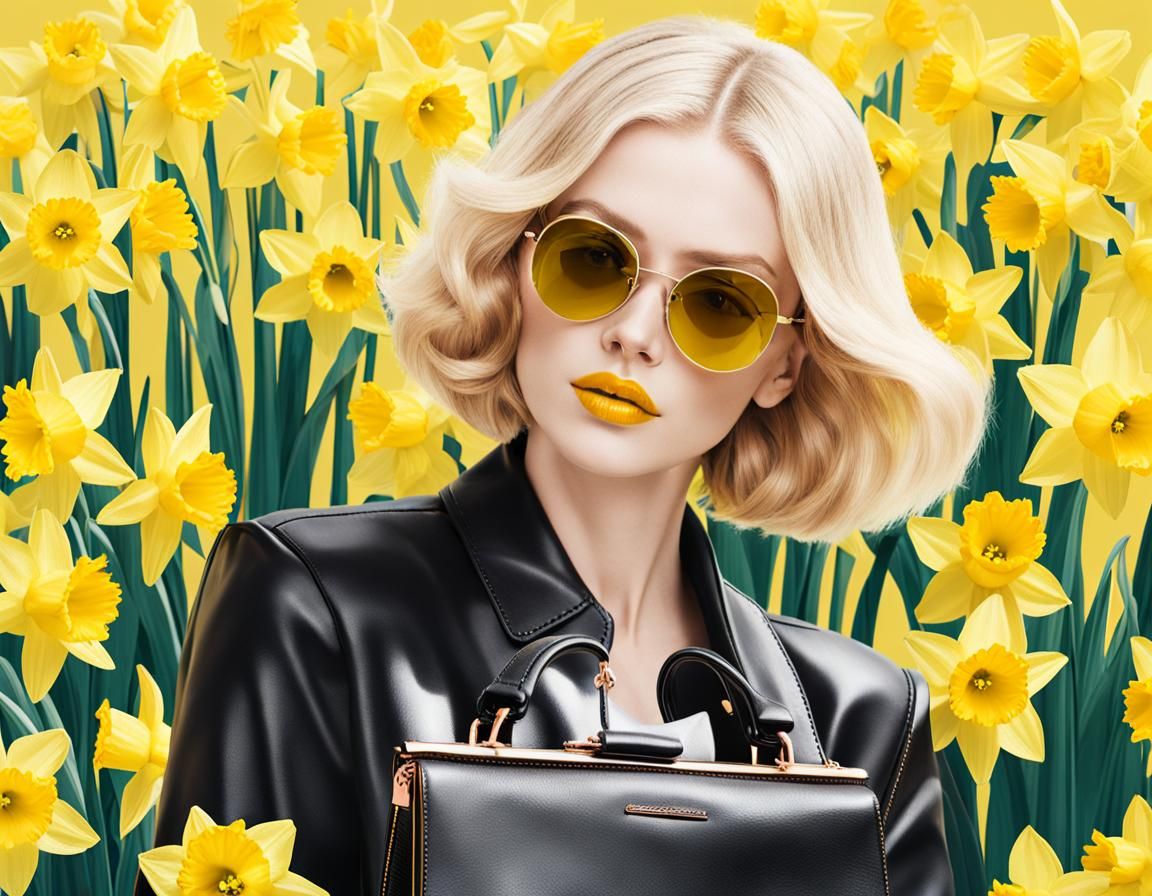 Blonde Woman in Daffodils on Yellow Background