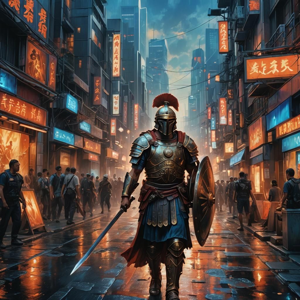 Roman Centurion in Neon Tokyo: Fantasy Concept Art