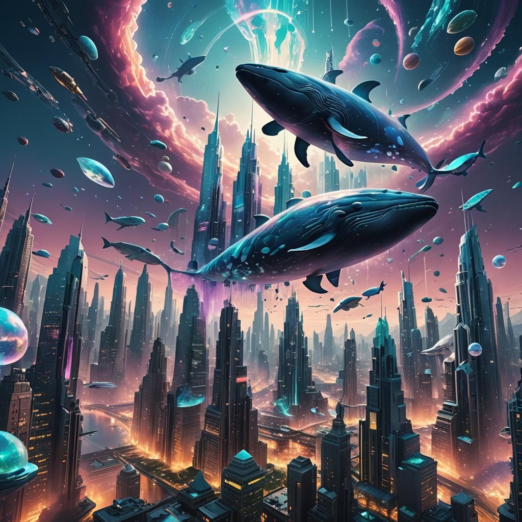 Futuristic Crystal Cityscape with Cloud Whales