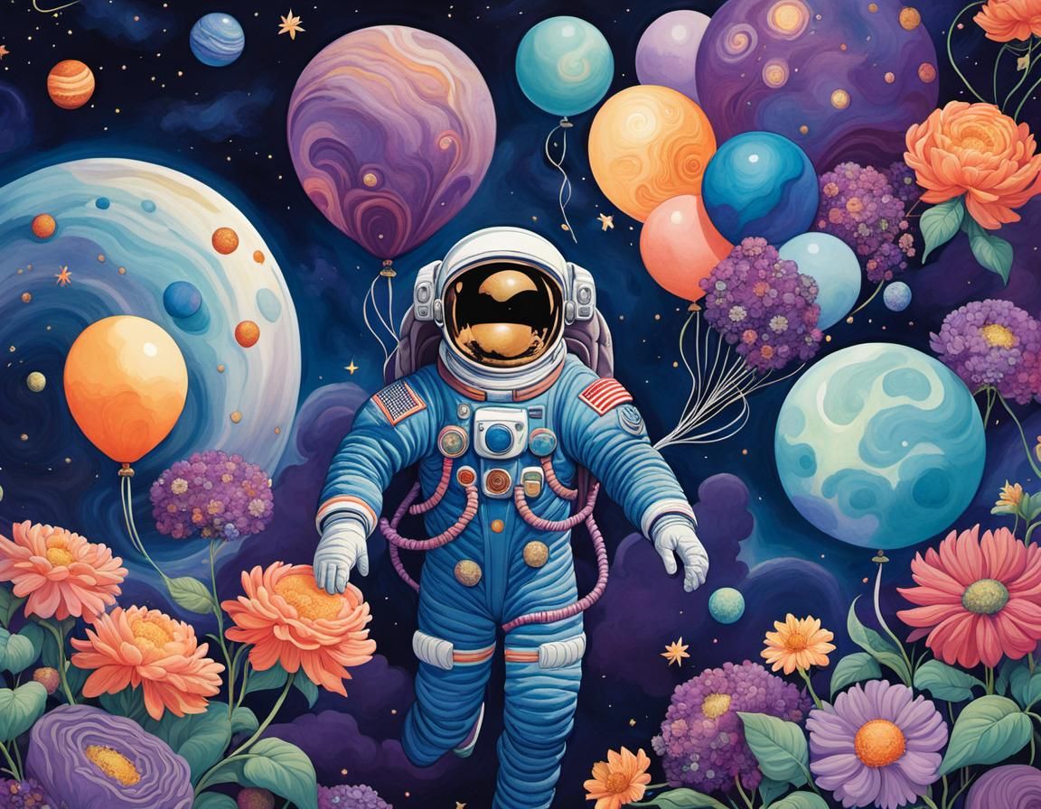 Astronaut with Planet Balloons in Whimsical Illustration