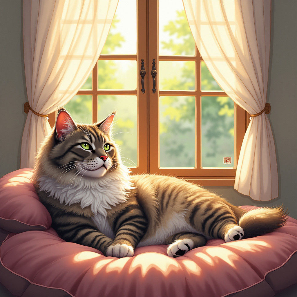 Maine Coon Cat Basking in Anime-Inspired Sunlight