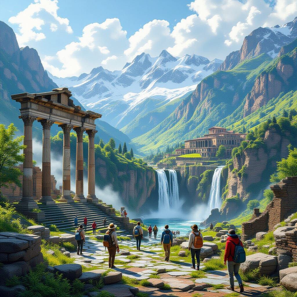 Photorealistic Roman Ruins with Waterfall and Tourists