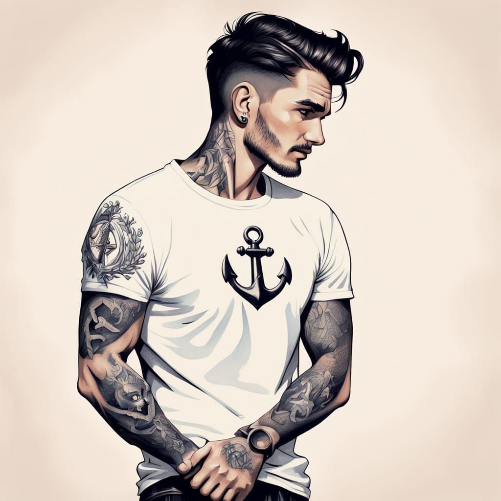 Retro Ink Drawing of Man with Anchor Tattoo