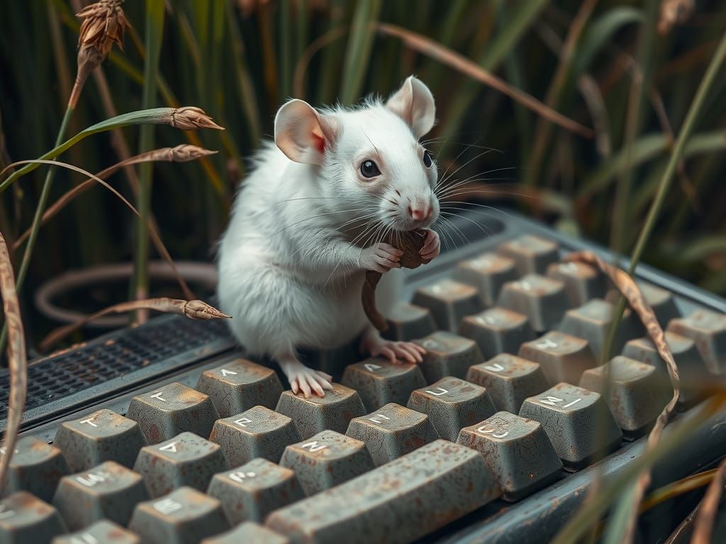 Rat on Abandoned Keyboard in Rustling Grass