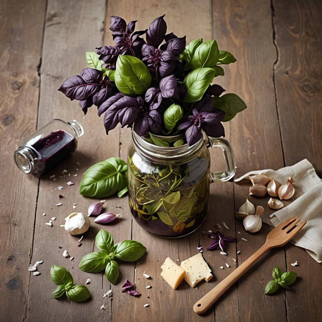 Still Life with Basil, Oil, and Garlic