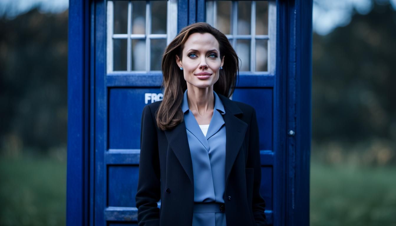 Angelina Jolie is the new Doctor Who. She is standing in front of her blue Tardis. Wearing fit suite. Great facial simil...