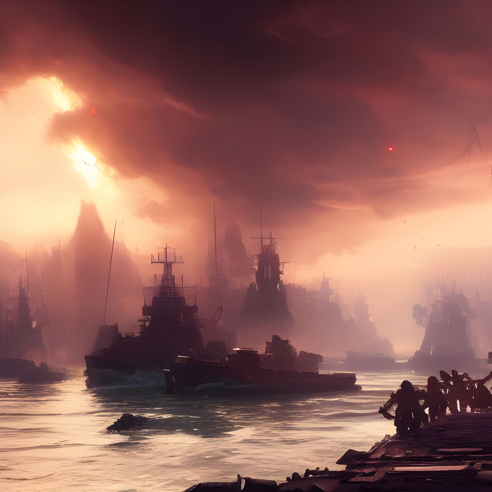 Epic Warships Clash in Dark Fantasy Style