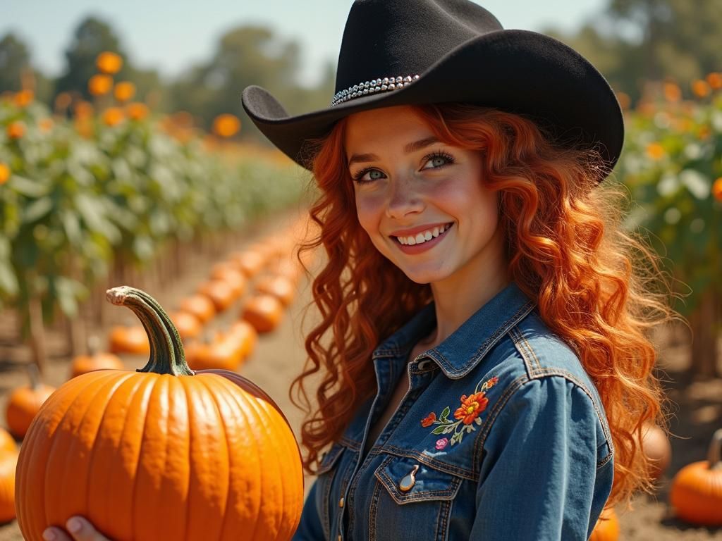 Cowgirl in Pumpkin Patch, Rockwell-esque